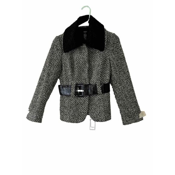 Alfani Petite Women's Blazer Sz 2P Tweed Belted Removable Collar Cropped Jacket - Picture 1 of 15